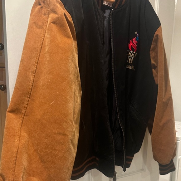 Vintage- Atlanta Olympic Games 1996 Suede Jacket -Black and Tan Bomber Jacket - Picture 8 of 16